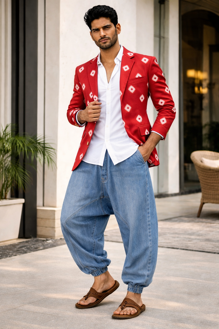 The Artisan Cut Set-
Handcrafted Bandhini Blazer With Sculpted Denim