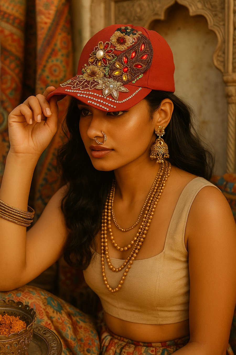 Deep Red Embellished Cap - banjaratrail