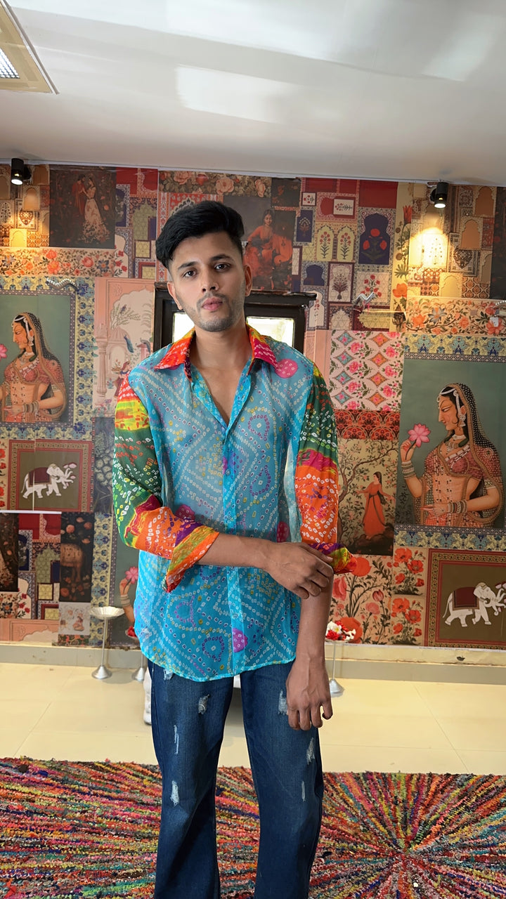 Men's bandhini shirt in Georgette - Blue