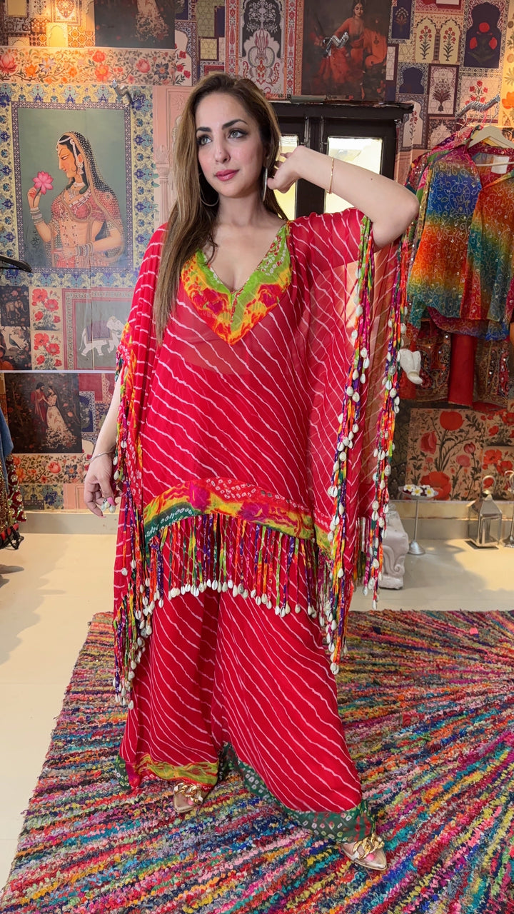 Red Bandhani Kaftan Co-ord Set with Shell Tassels