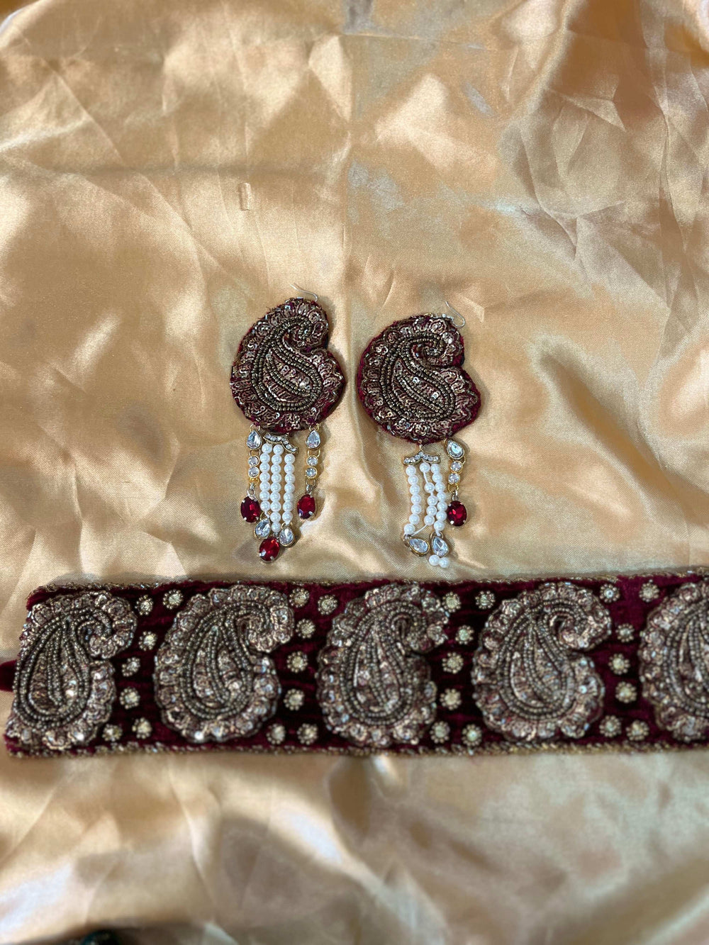 Velvet Maroon Paisley Hand-Embroidered Headband & Earrings
