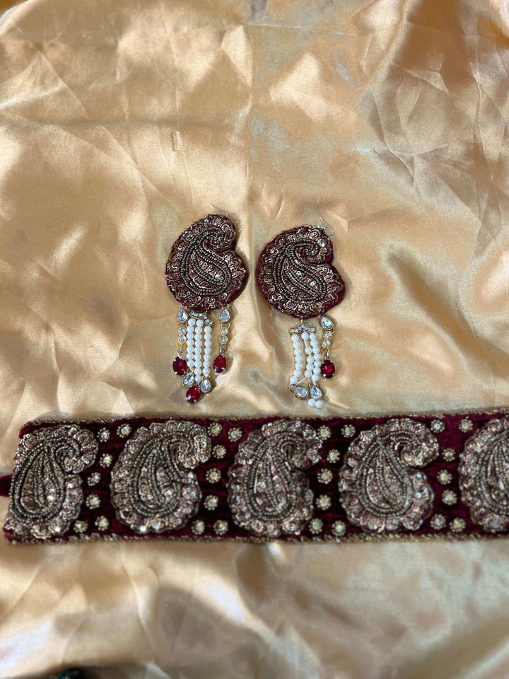 Velvet Maroon Paisley Hand-Embroidered Headband & Earrings