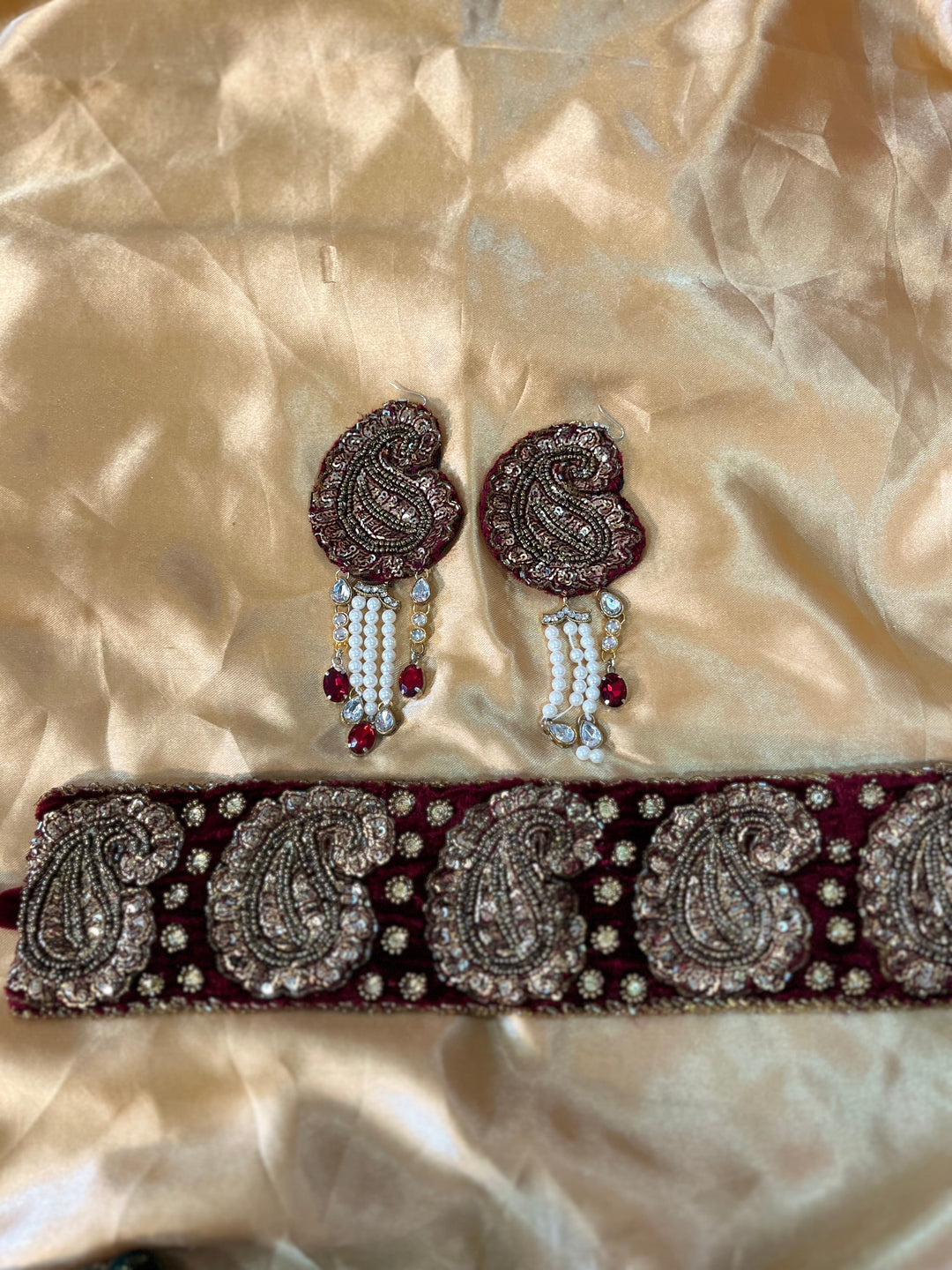 Velvet Maroon Paisley Hand-Embroidered Headband & Earrings