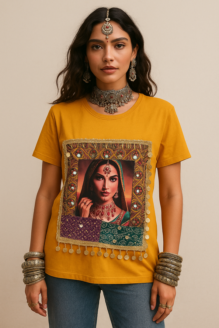 Maharani  Muse Boho Patch T-Shirt – Mustard Edition with Handcrafted Mirror & Coin Lace