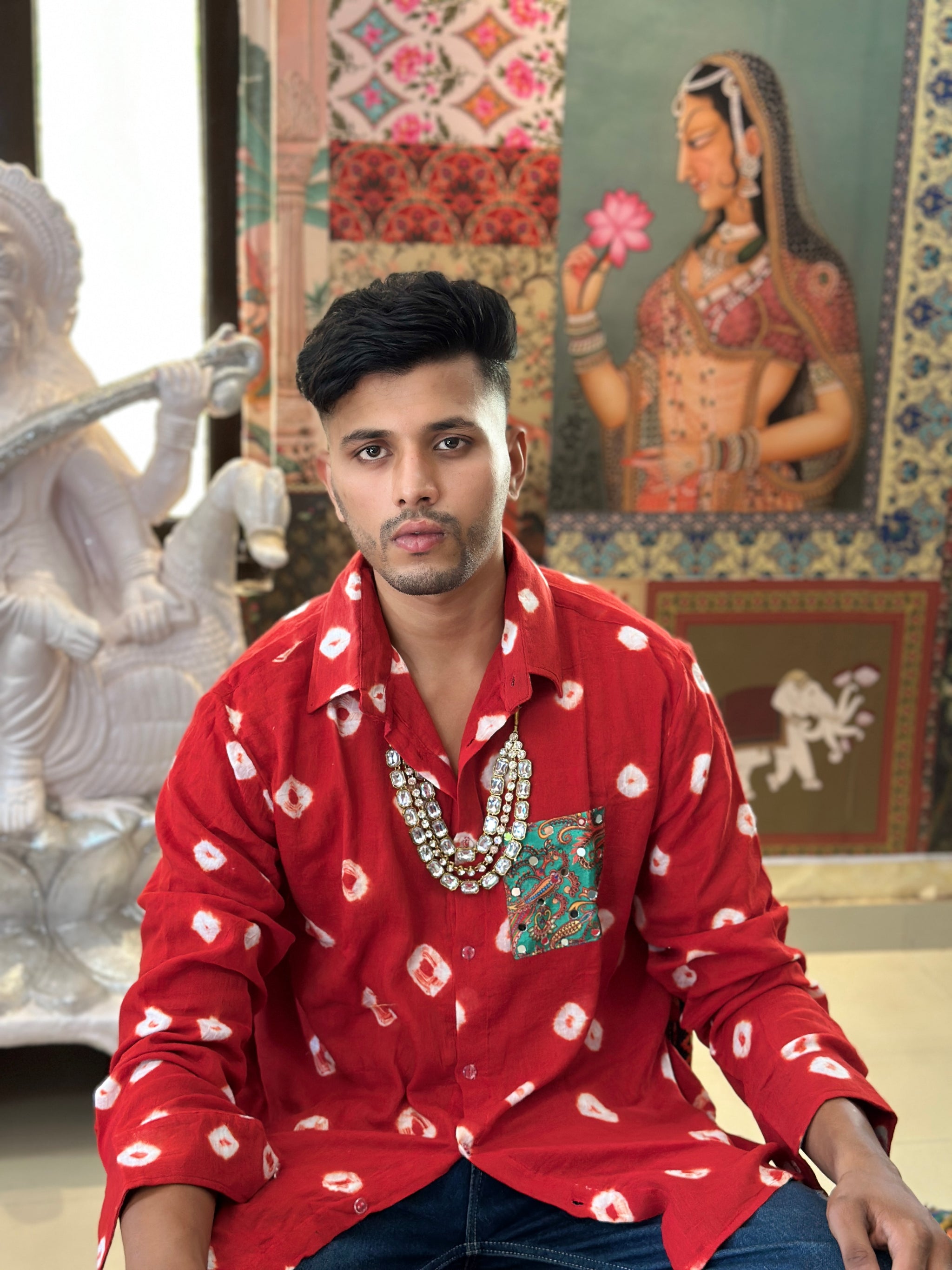 Men'S Red Bandhini Shirt