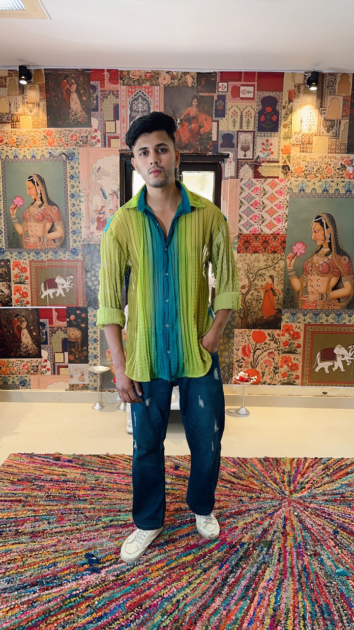 Men’s Lime & Teal Ombre Crinkle Shirt – Casual Resort Wear