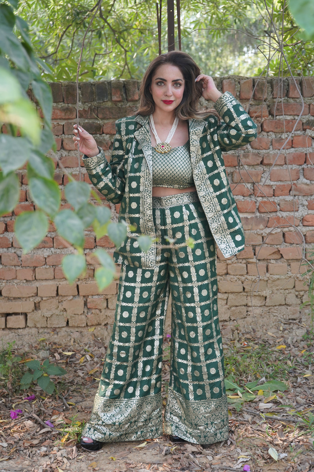 ‘Leela’-Silk Blazer Top & Pant Set ( Set of 3)