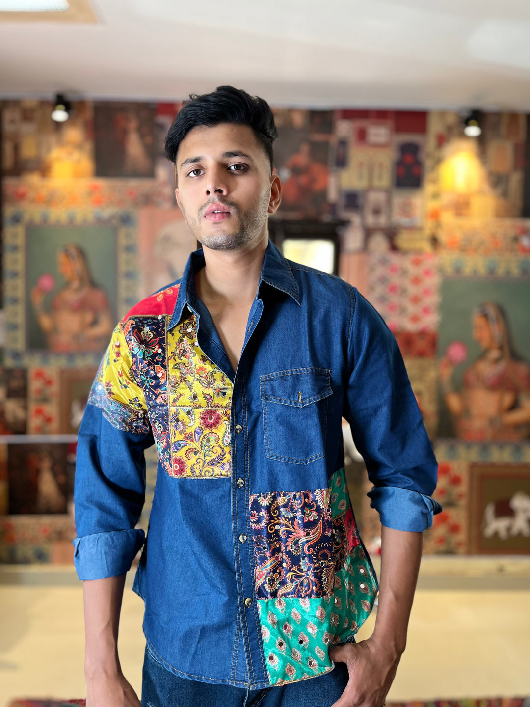 Men's Mirror Print Patches Shirt