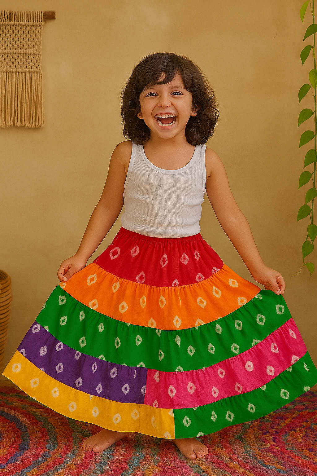 Multicolor Rainbow Bandhani Print Cotton Skirt for Girls