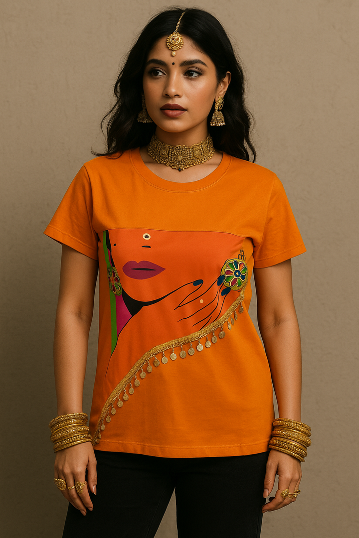 Bold Diva Boho Art T-Shirt – Handcrafted Orange Statement Piece