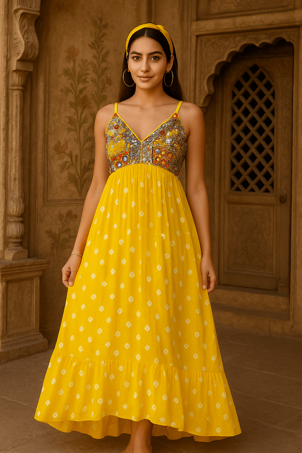 Sunset glow bandhini maxi dress yellow - banjaratrail