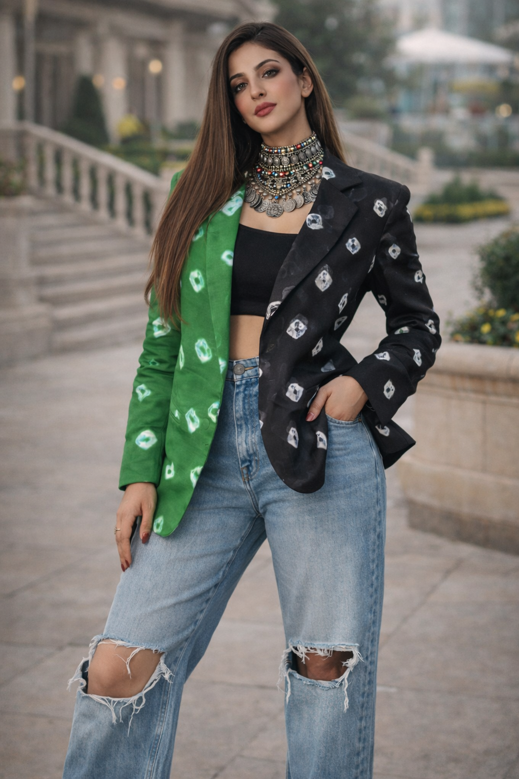 Dual-Tone Green & Black Bandhani Statement Blazer