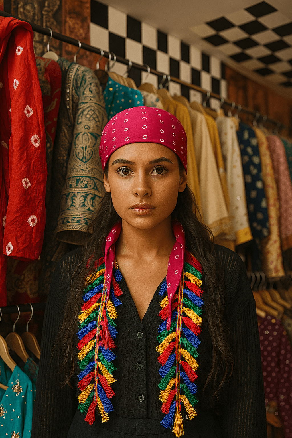 Boho Tassel Bandana  Pink with Multicolor Braided Tassels - banjaratrail