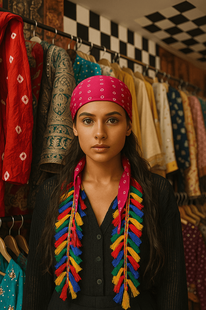 Boho Tassel Bandana – Pink with Multicolor Braided Tassels - banjaratrail