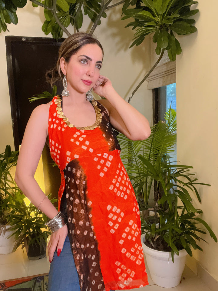 Bandhini Splash Halter Kurta - Orange & Black