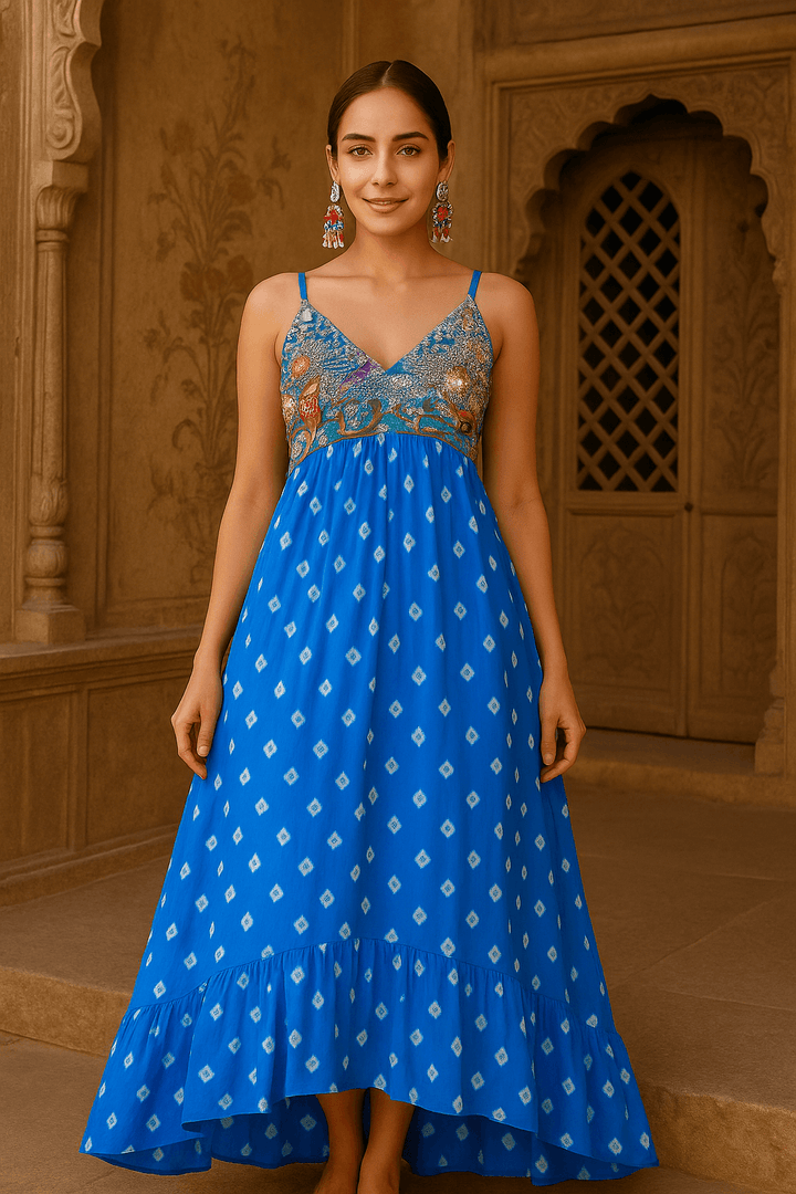 Ocean breeze bandhini maxi dress ( blue ) - banjaratrail