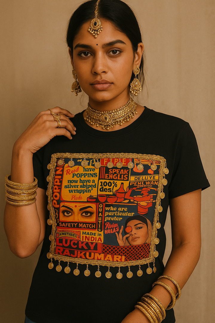 Pop Art Desi Vibes T-Shirt – Handcrafted Patch with Boho Detailing