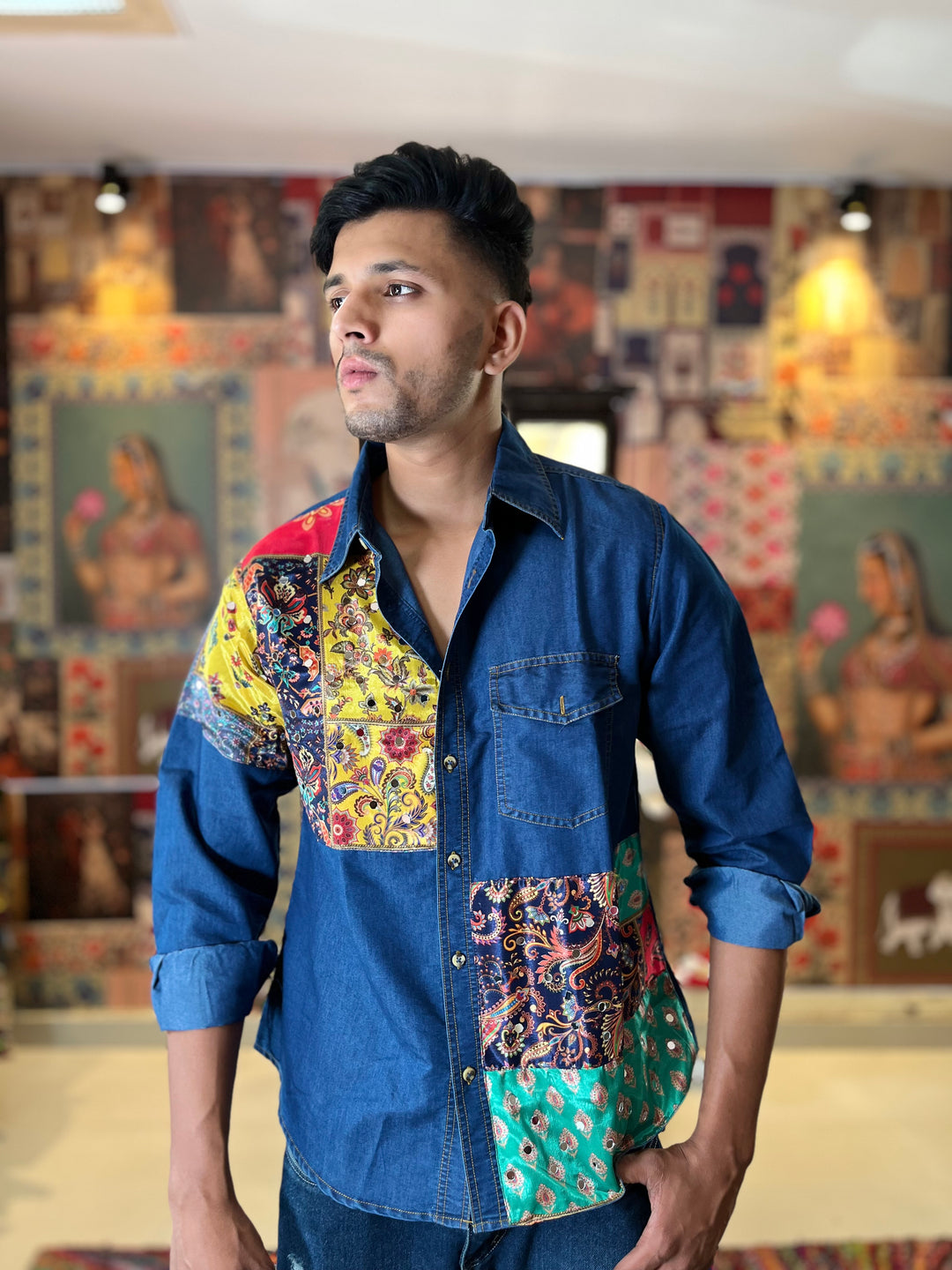 Men's Mirror Print Patches Shirt
