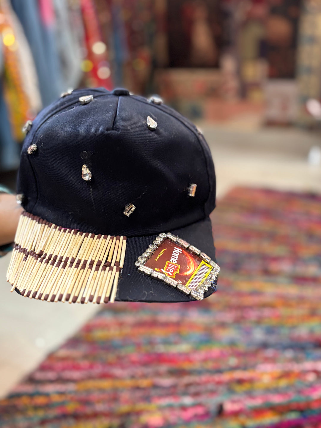 Black Crystal Matchstick Embellished Cap MATCHIS collection