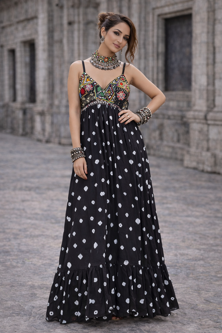Midnight Elegance Black Bandhini Maxi Dress