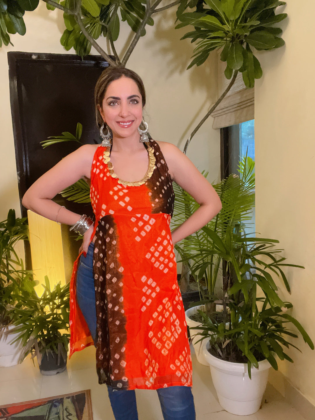 Bandhini Splash Halter Kurta - Orange & Black