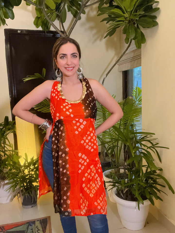 Bandhini Splash Halter Kurta - Orange & Black