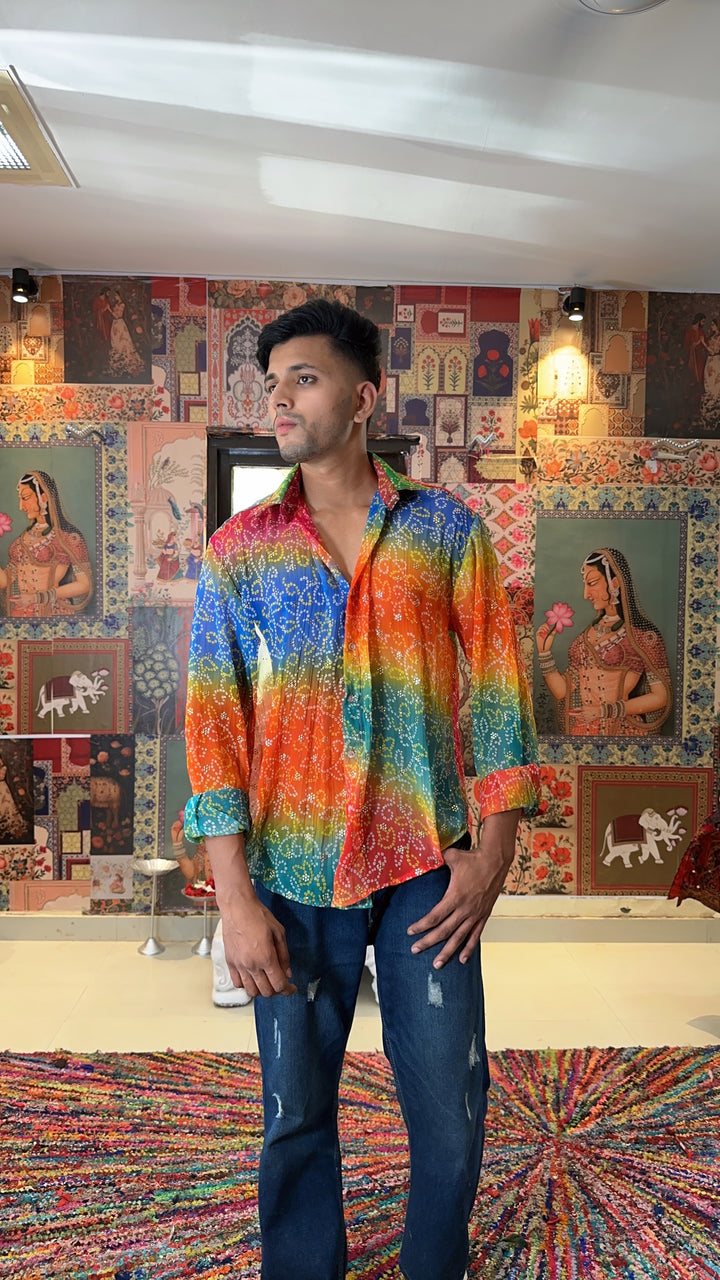 Men’s Rainbow Bandhani Print Shirt – Boho Festival Wear