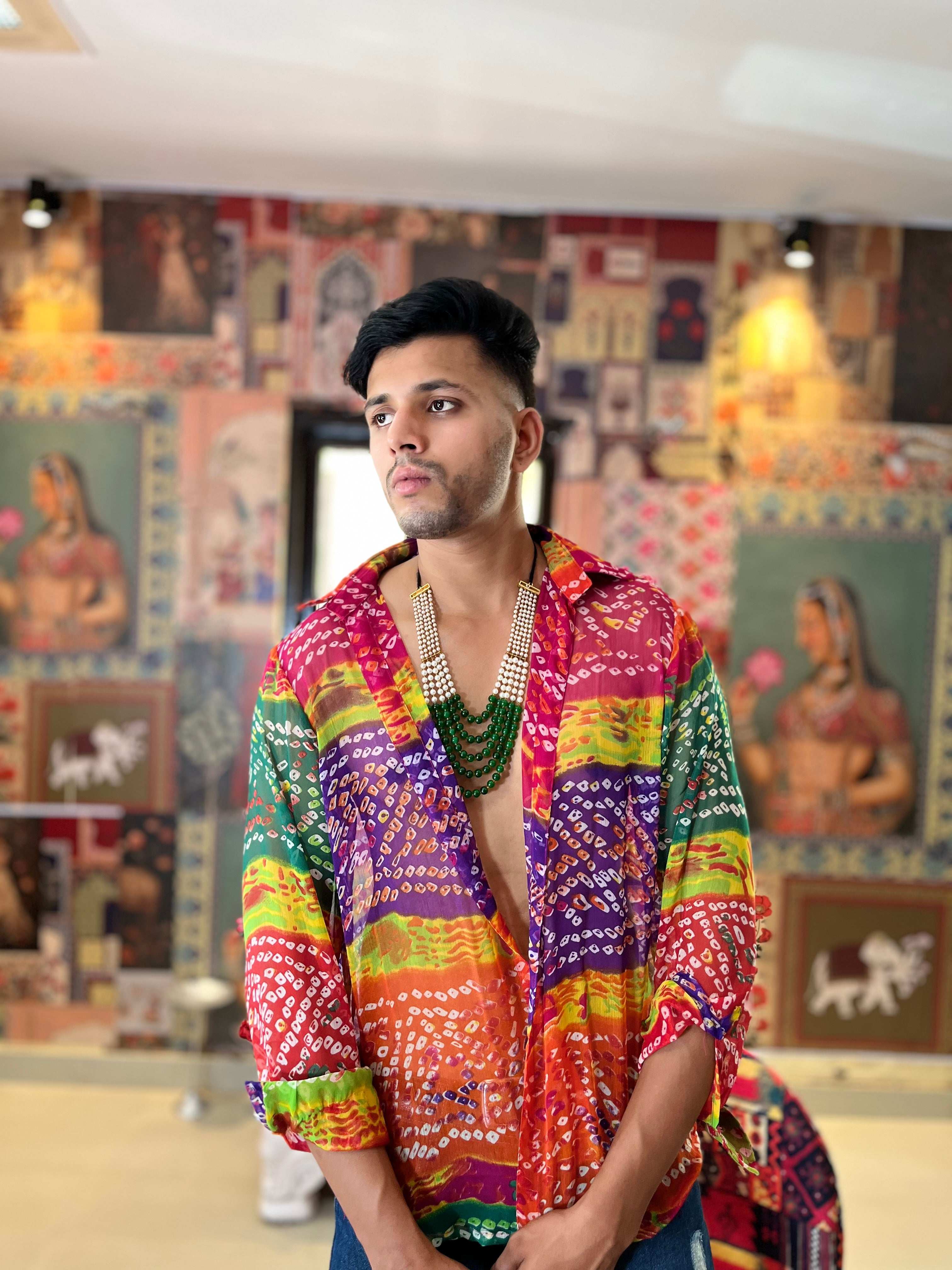 Rainbow Bandhani Printed sheer Boho Shirt