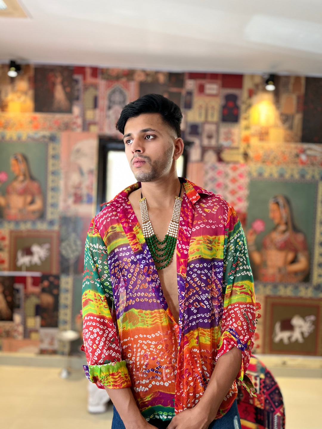 Rainbow Bandhani Printed sheer Boho Shirt
