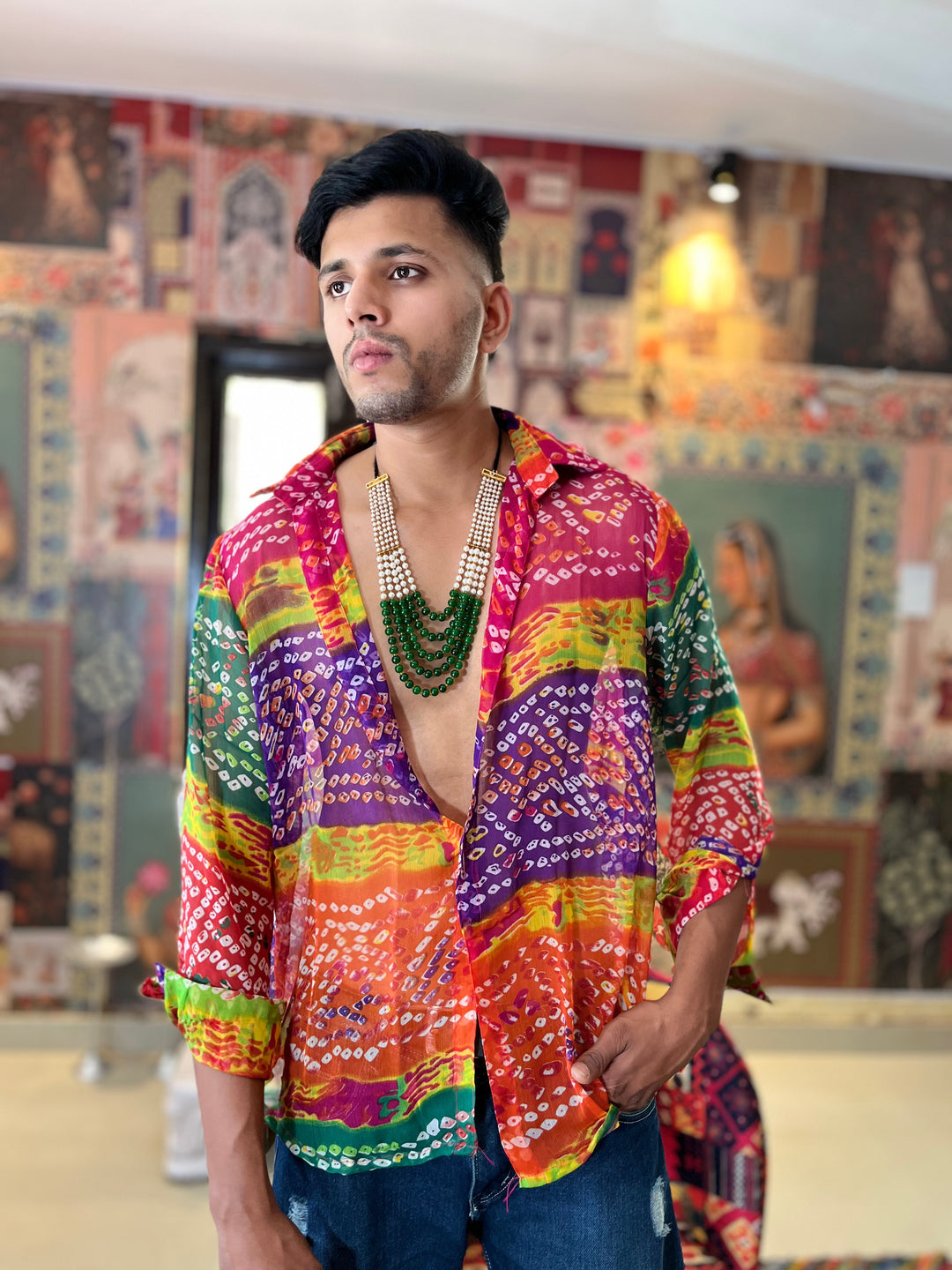 Rainbow Bandhani Printed sheer Boho Shirt