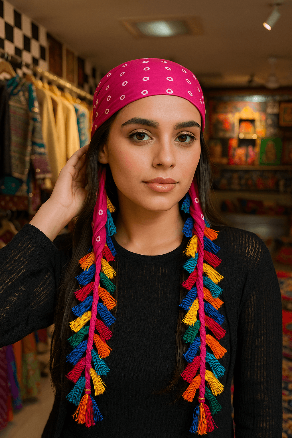 Boho Tassel Bandana – Pink with Multicolor Braided Tassels - banjaratrail