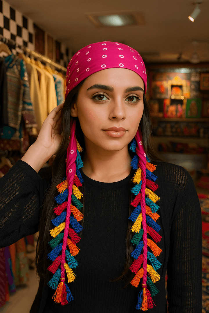 Boho Tassel Bandana – Pink with Multicolor Braided Tassels - banjaratrail