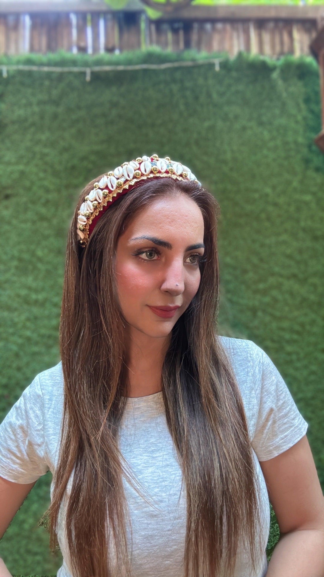Ruhani Velvet Crown | Cowrie & Gold Hairband with shell - banjaratrail