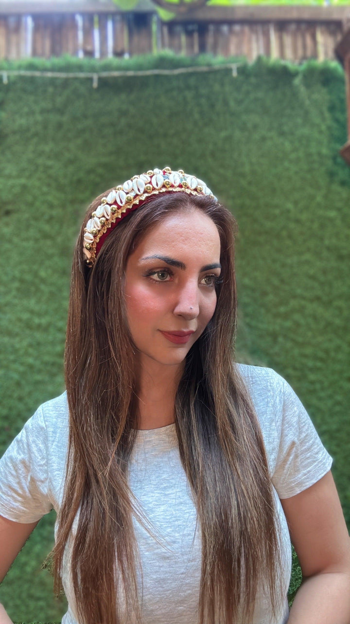 Ruhani Velvet Crown | Cowrie & Gold Hairband with shell - banjaratrail