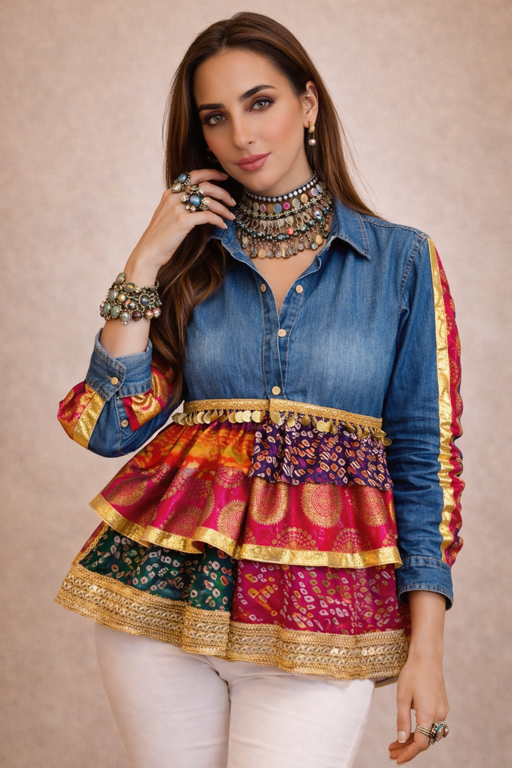 Peplum Bandhini Denim Shirt