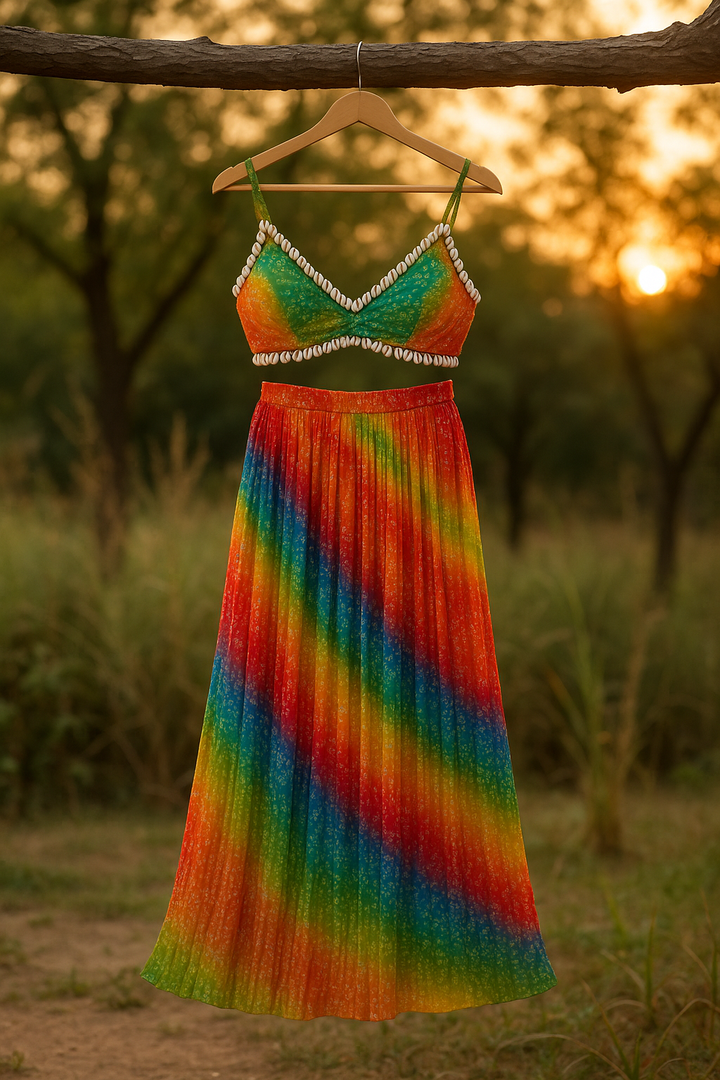 Rainbow Bandhani Shell-Embellished Bustier & Pleated Skirt Set –