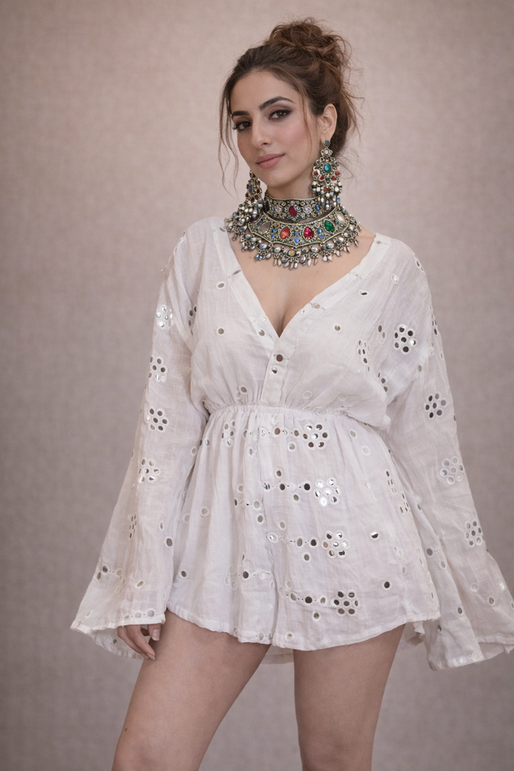 Noor Embroidered Mirror Cotton Playsuit