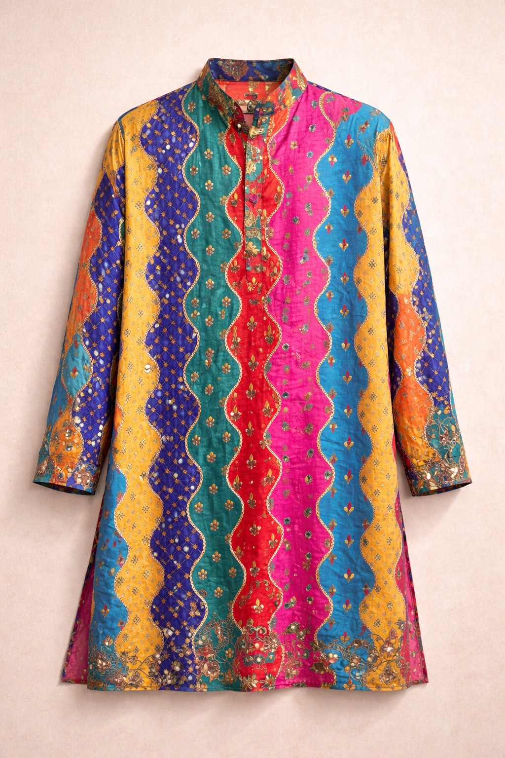 Multicolor Bandhani Print Kurta With Black Pajama For Men
