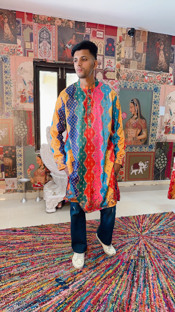 Multicolor Bandhani Print Kurta with Black Pajama for Men