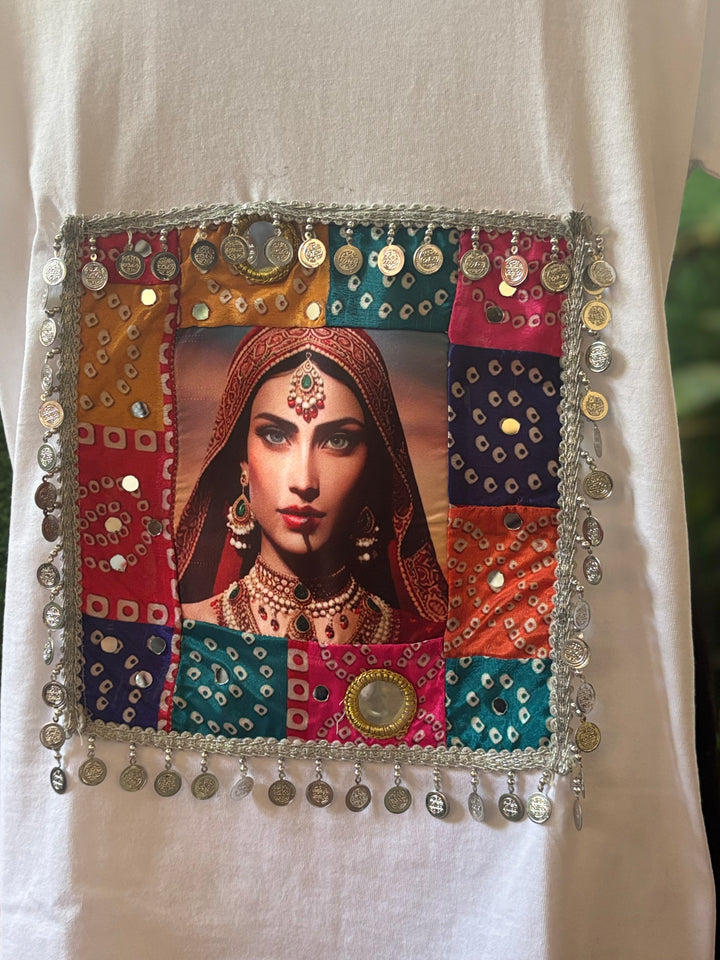 Desi Diva Boho Patch T-Shirt – Handcrafted Mirror & Coin Work Detail