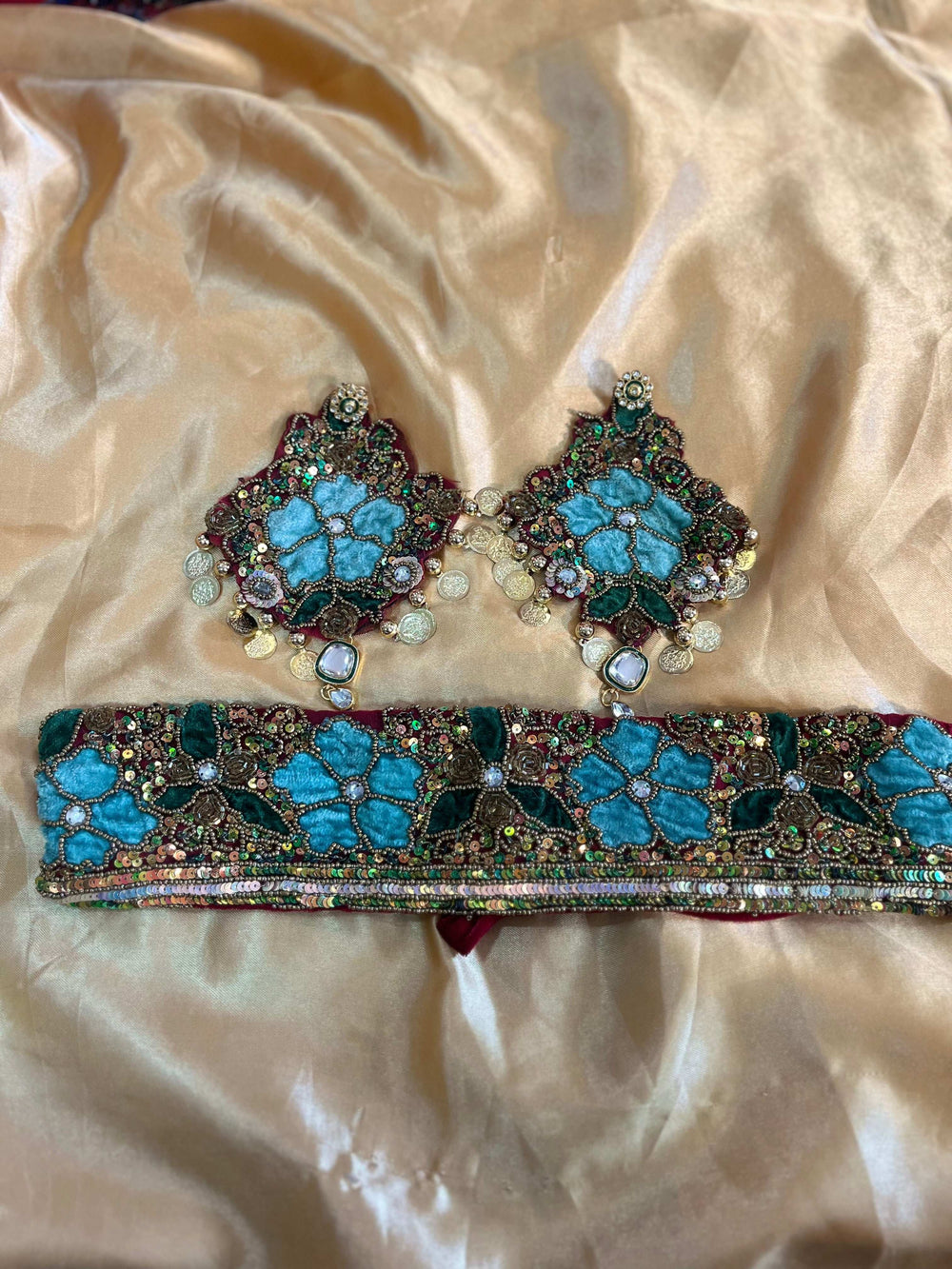 Teal Floral Hand-Embroidered Velvet Headband & Earrings Set