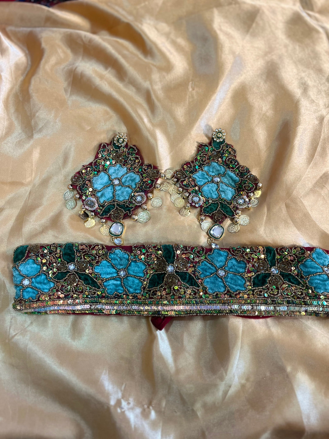 Teal Floral Hand-Embroidered Velvet Headband & Earrings Set