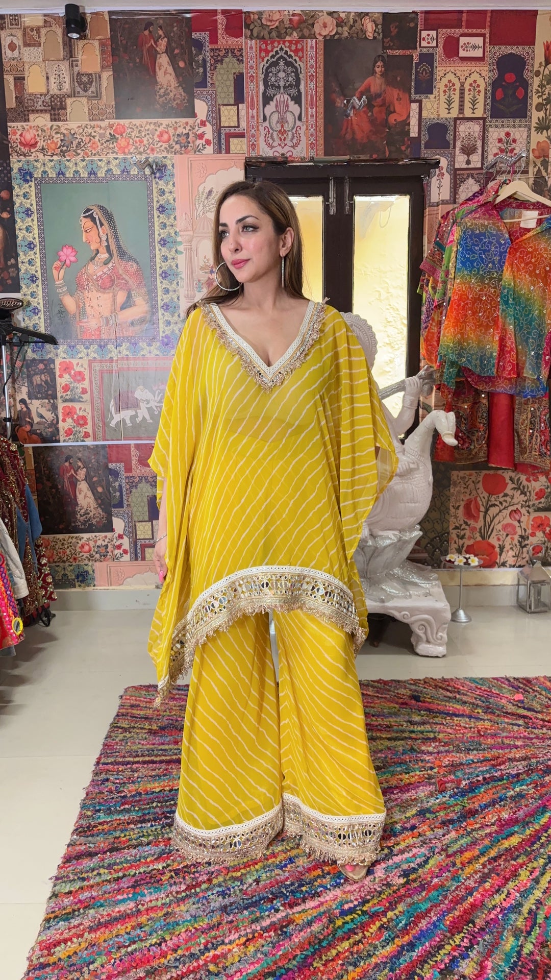 Yellow Bandhani Kaftan Co-ord Set with Mirror Lace Detailing