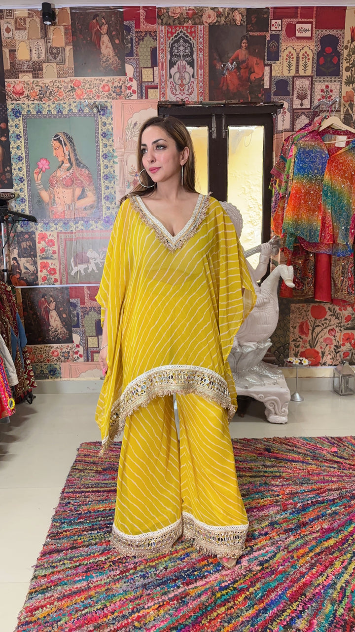Yellow Bandhani Kaftan Co-ord Set with Mirror Lace Detailing