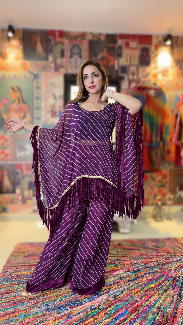 Purple Bandhani Kaftan Co-ord Set with Fringe Detailing