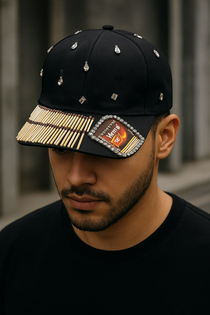 Black Crystal Matchstick Embellished Cap MATCHIS collection