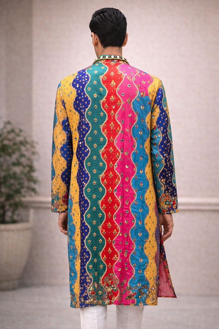 Multicolor Bandhani Print Kurta With Black Pajama For Men