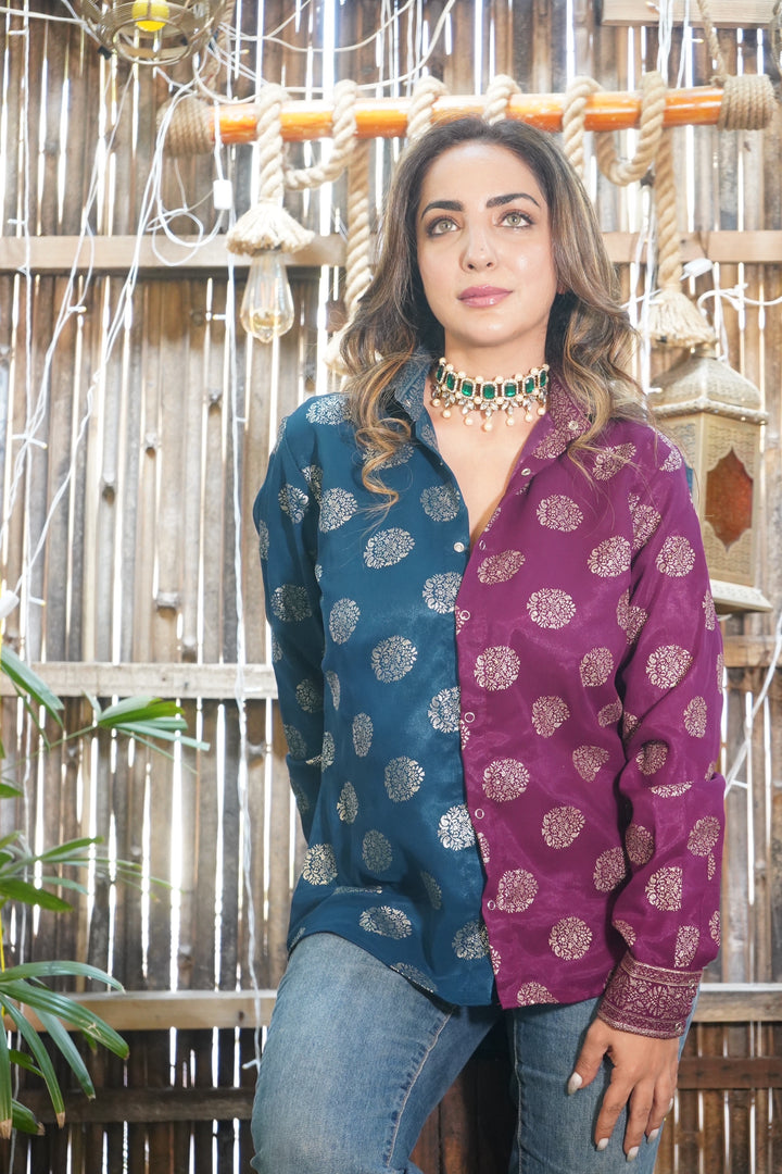 ‘Tehzeeb’-Banarasi Foil Print Shirt