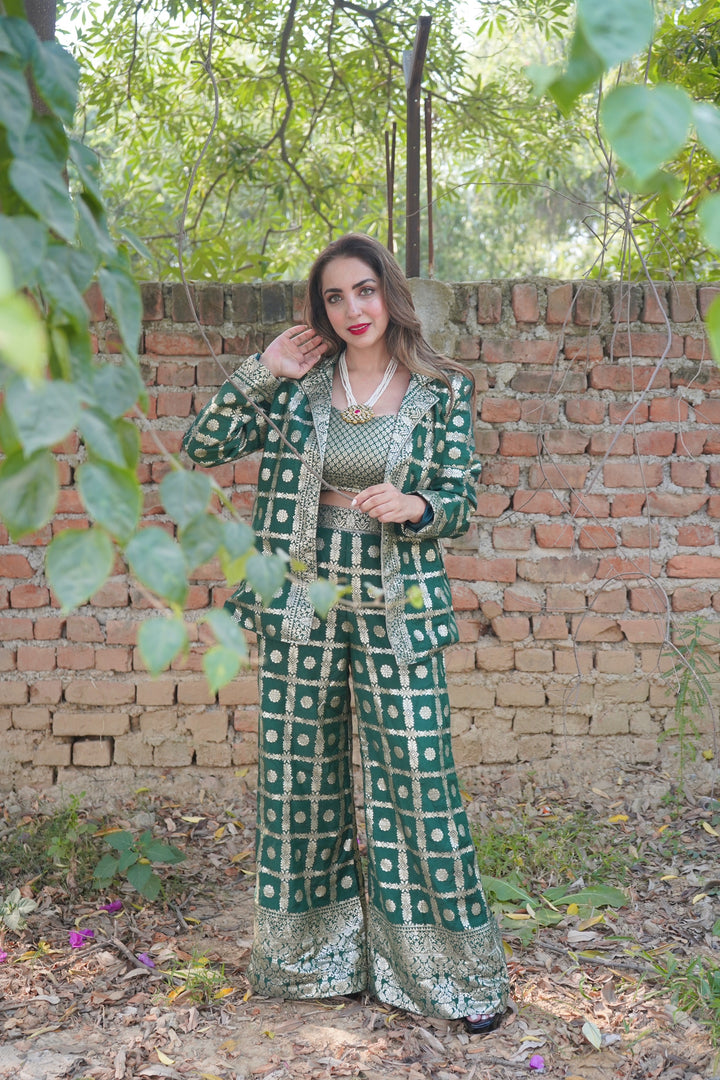 ‘Leela’-Silk Blazer Top & Pant Set ( Set of 3)