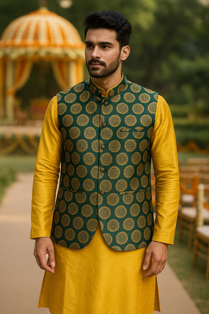 Bottle Green Brocade Nehru Jacket with Mustard Yellow Kurta Set for Men